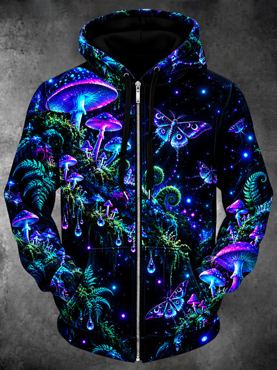 Adaychic Men's Neon Mushrooms And Moths Print Long Sleeve Zip-Up Hoodie with Kangaroo Pocket