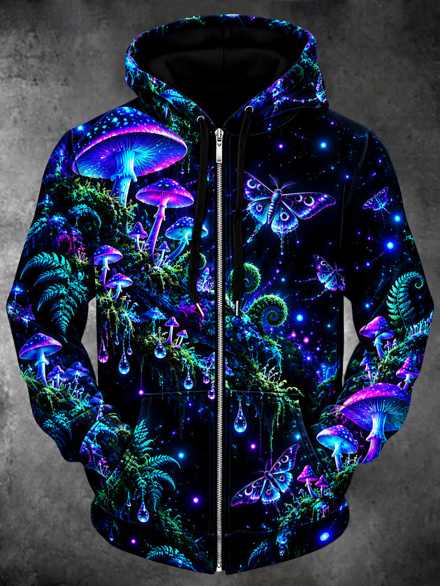 Adaychic Men's Neon Mushrooms And Moths Print Long Sleeve Zip-Up Hoodie with Kangaroo Pocket