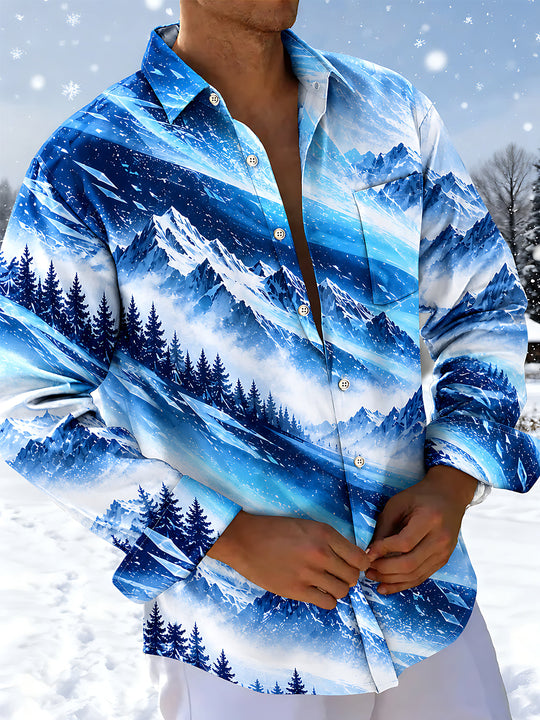 Adaychic Men's Printed Snowy Mountains And Pine Forest Print Long Sleeve Shirt with Chest Pocket