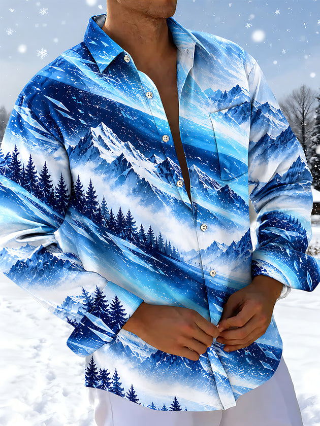Adaychic Men's Printed Snowy Mountains And Pine Forest Print Long Sleeve Shirt with Chest Pocket