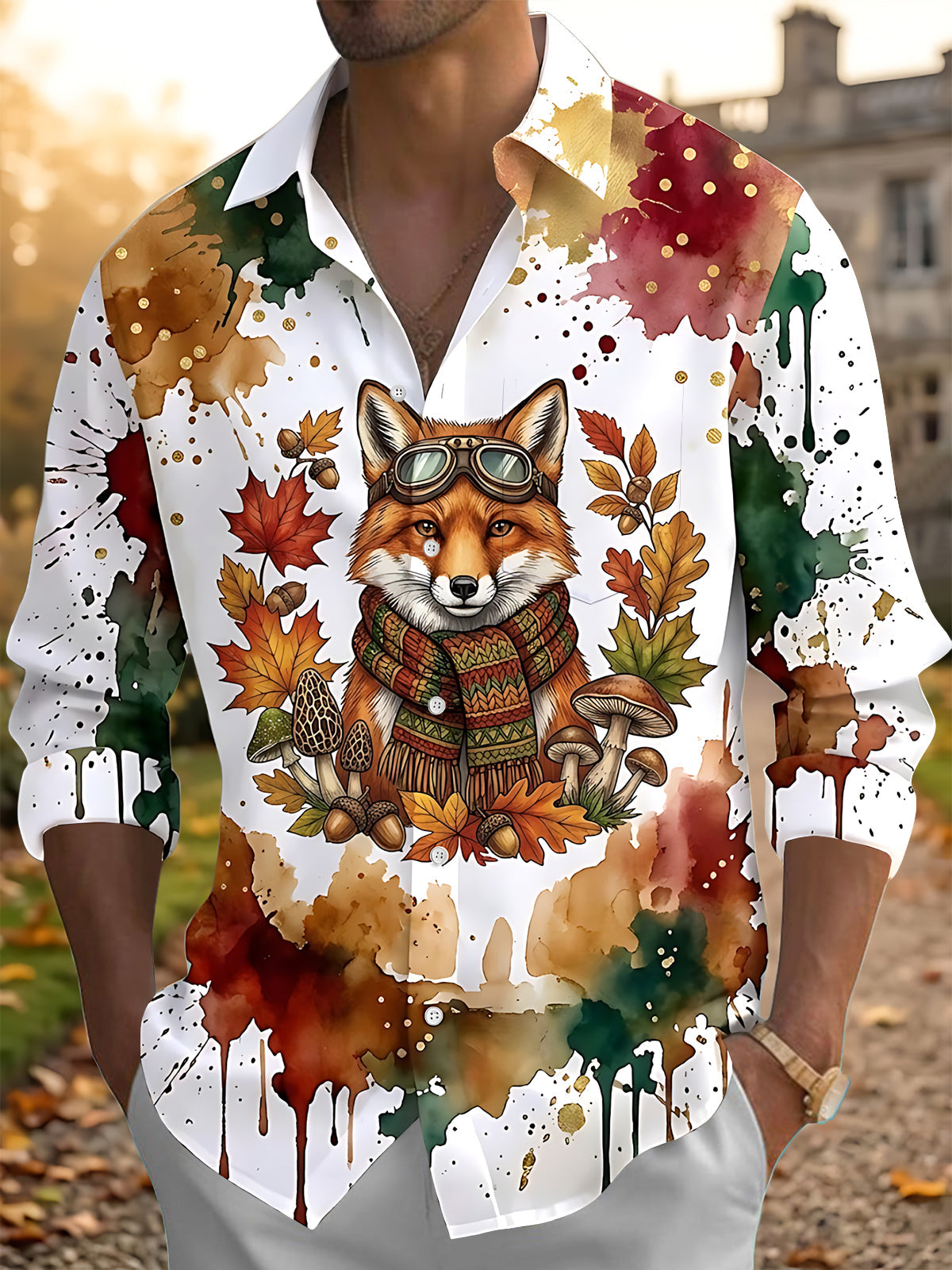 Adaychic Men's Graphic Fox With Goggles And Scarf Print Long Sleeve Shirt with Chest Pocket