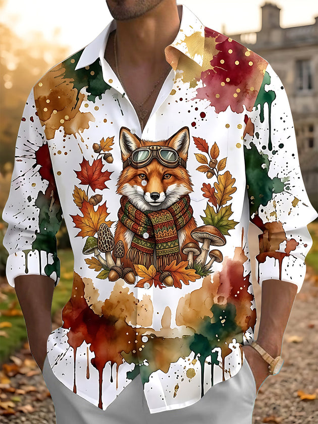Adaychic Men's Graphic Fox With Goggles And Scarf Print Long Sleeve Shirt with Chest Pocket