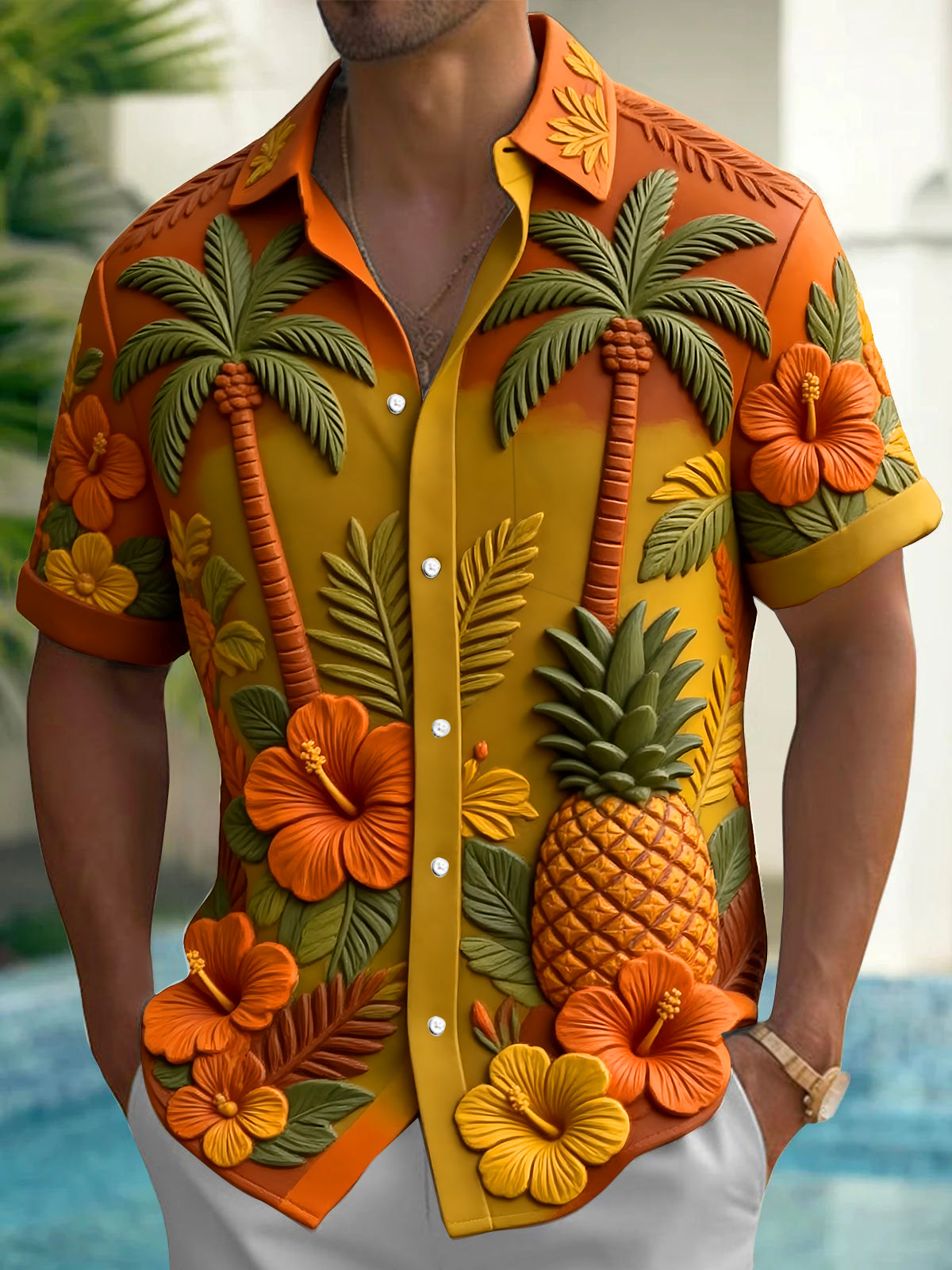 Adaychic Men's Hawaiian Palm Trees And Pineapples Print Short Sleeve Shirt with Chest Pocket