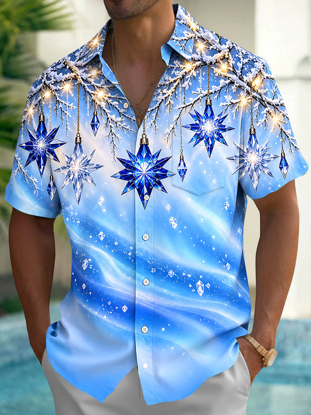 Adaychic Men's Blue Crystal Stars And Snowy Branches Print Short Sleeve Shirt with Chest Pocket