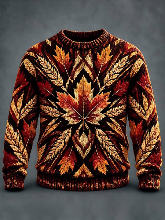 Adaychic Men's Long Sleeve Crew Neck Sweater - Autumn Maple Leaves And Wheat Stalks Print