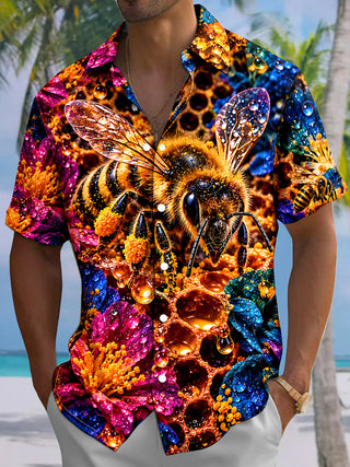 Adaychic Men's Hawaiian Bee And Honeycomb With Flowers Print Short Sleeve Shirt with Chest Pocket