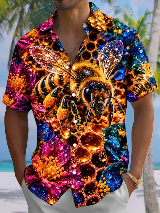 Adaychic Men's Hawaiian Bee And Honeycomb With Flowers Print Short Sleeve Shirt with Chest Pocket