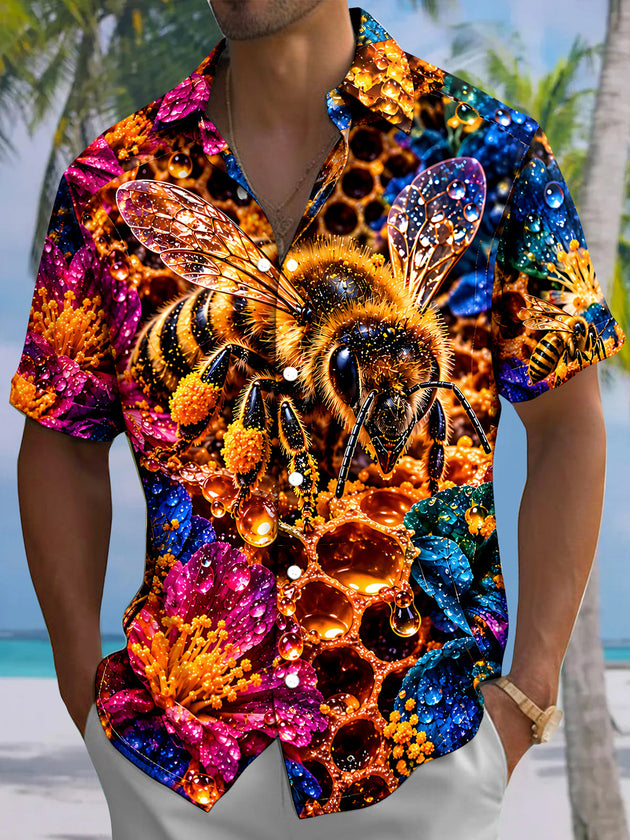 Adaychic Men's Hawaiian Bee And Honeycomb With Flowers Print Short Sleeve Shirt with Chest Pocket