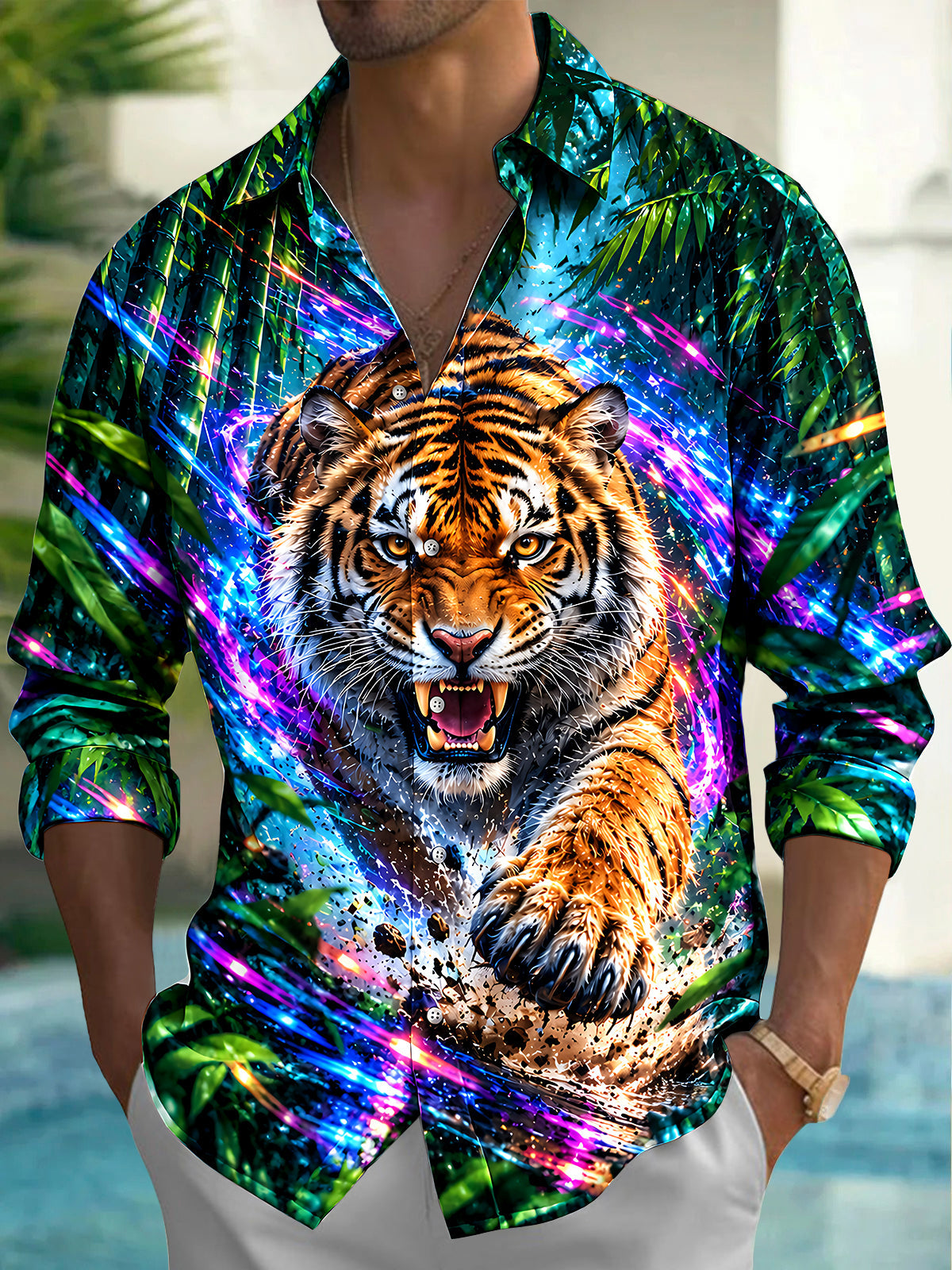 Adaychic Men's Hawaiian Tiger Head And Paw Print Long Sleeve Shirt with Chest Pocket