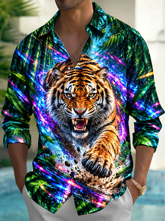 Adaychic Men's Hawaiian Tiger Head And Paw Print Long Sleeve Shirt with Chest Pocket