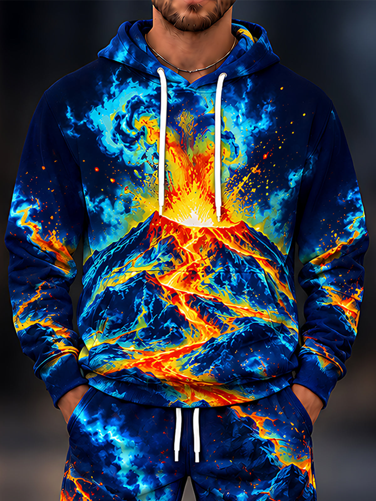 Adaychic Men's Graphic Volcano Eruption With Lava Flow Print Long Sleeve Hoodie
