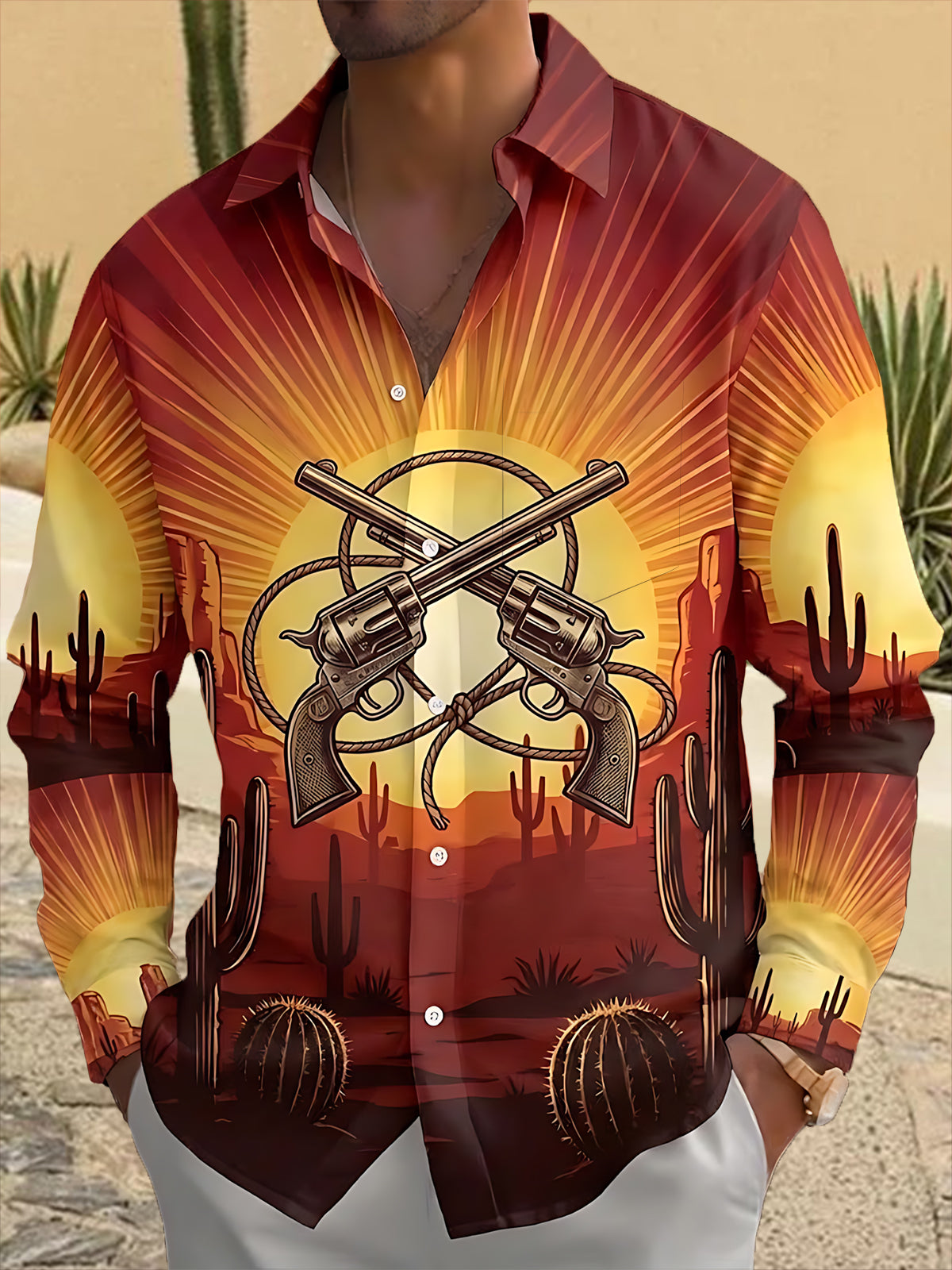 Adaychic Men's Printed Crossed Revolvers And Lasso Print Long Sleeve Shirt with Chest Pocket