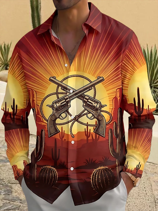 Adaychic Men's Printed Crossed Revolvers And Lasso Print Long Sleeve Shirt with Chest Pocket