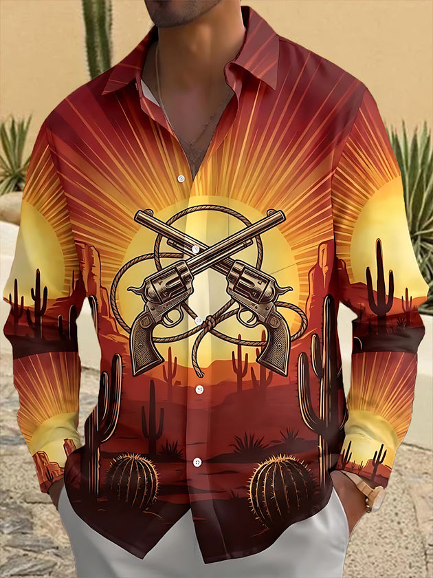 Adaychic Men's Printed Crossed Revolvers And Lasso Print Long Sleeve Shirt with Chest Pocket