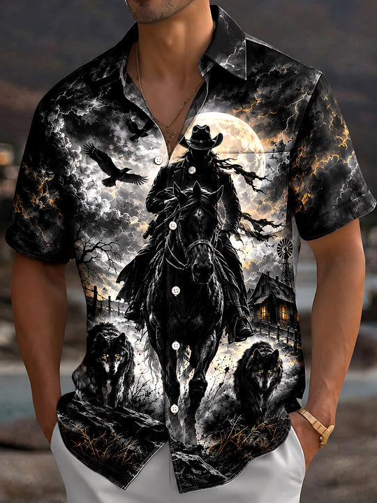 Adaychic Men's Short Sleeve Shirt - Halloween Dark Fantasy Landscape Print Cowboy On Horseback With Wolves And Crows Print