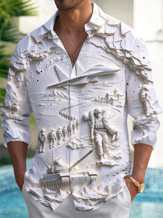 Adaychic Men's Long Sleeve Shirt - 3D Military Relief Scene With Soldiers And Vehicles Print with Chest Pocket