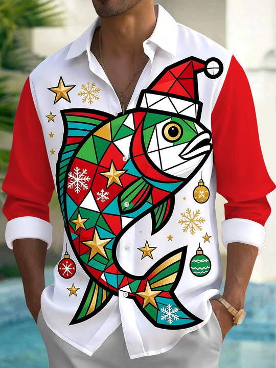 Adaychic Men's Geometric Fish With Santa Hat Print Long Sleeve Shirt with Chest Pocket