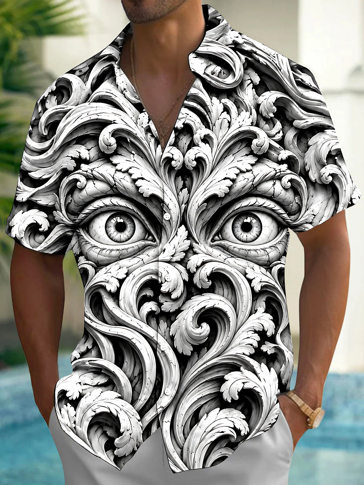 Adaychic Men's 3D Baroque Scrollwork And Human Eyes Print Short Sleeve Shirt with Chest Pocket