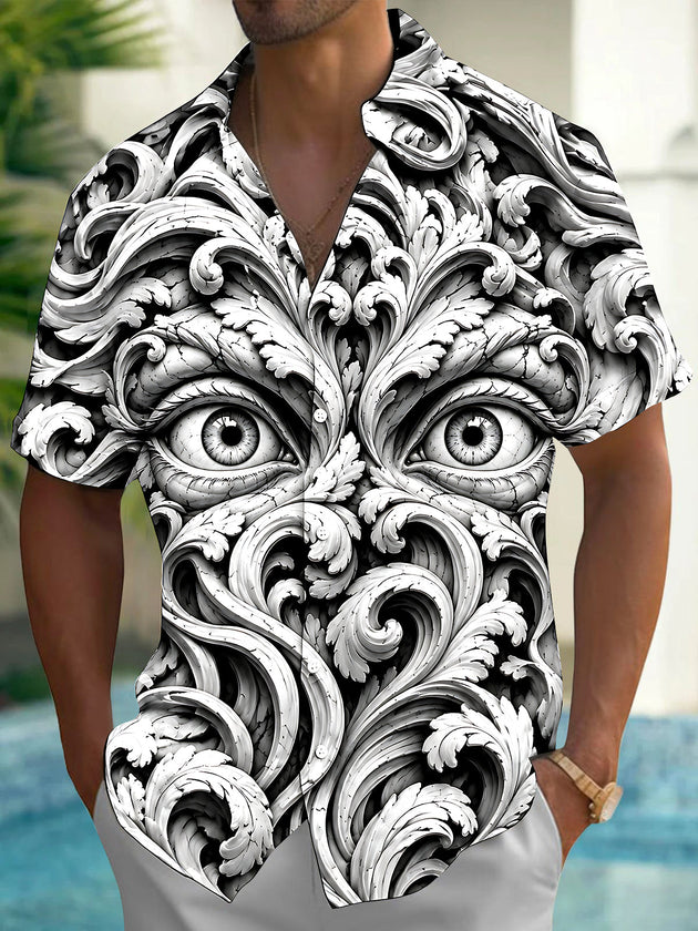 Adaychic Men's 3D Baroque Scrollwork And Human Eyes Print Short Sleeve Shirt with Chest Pocket