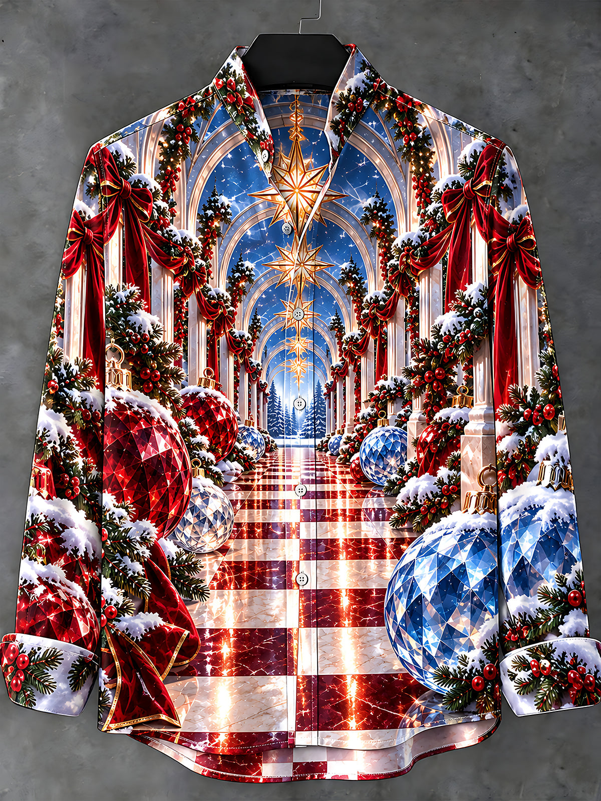 Adaychic Men's Long Sleeve Stand Collar Shirt - Christmas Arch With Ornaments And Snow Print