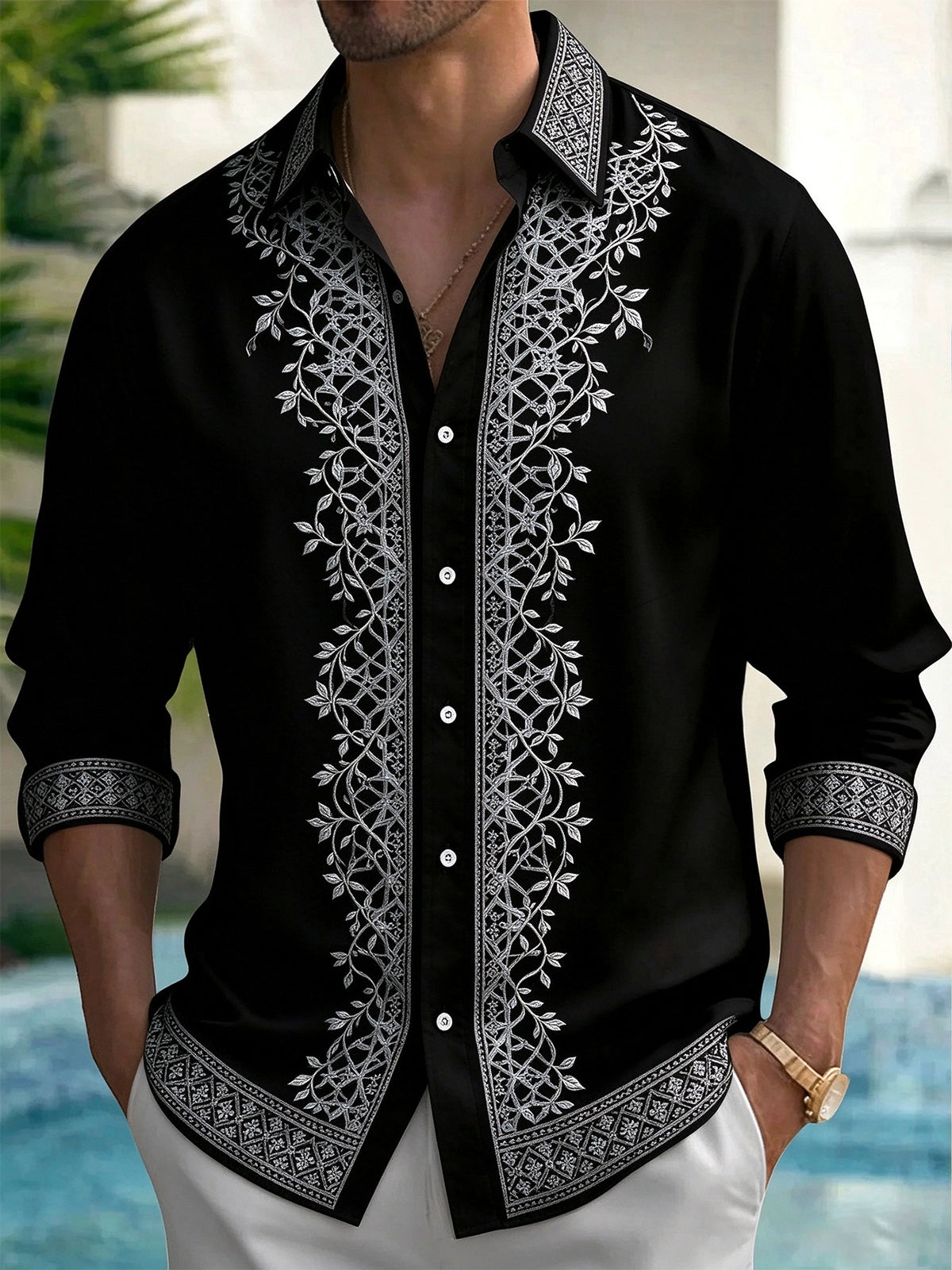 Adaychic Men's White Floral Vine And Geometric Border Pattern Long Sleeve Shirt with Chest Pocket