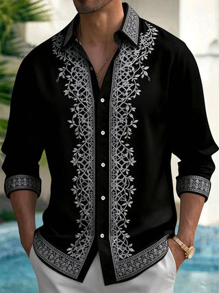 Adaychic Men's White Floral Vine And Geometric Border Pattern Long Sleeve Shirt with Chest Pocket
