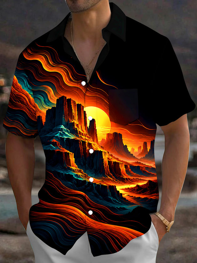 Adaychic Men's Neon Wave Canyon Sunset Landscape Print Short Sleeve Shirt with Chest Pocket