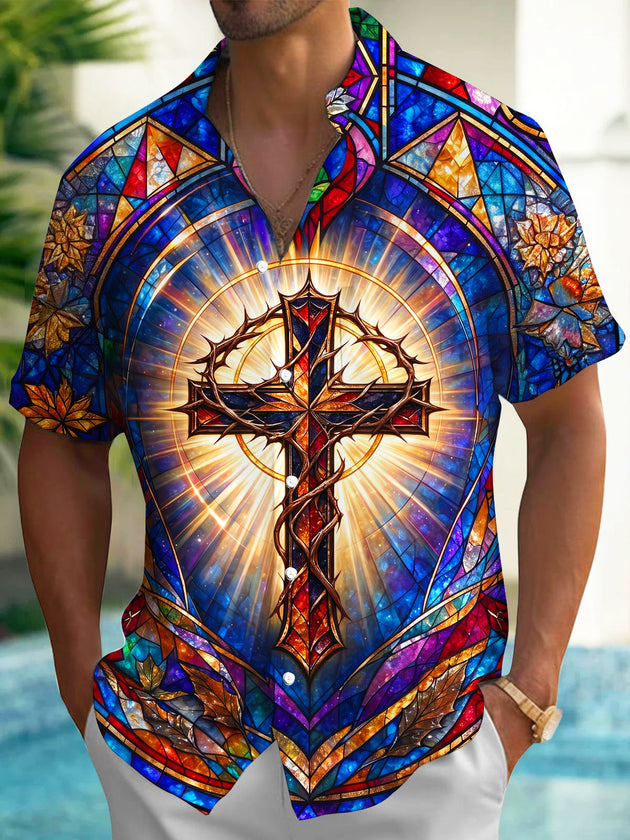 Adaychic Men's Stained Glass Crown Of Thorns Cross Print Short Sleeve Shirt with Chest Pocket