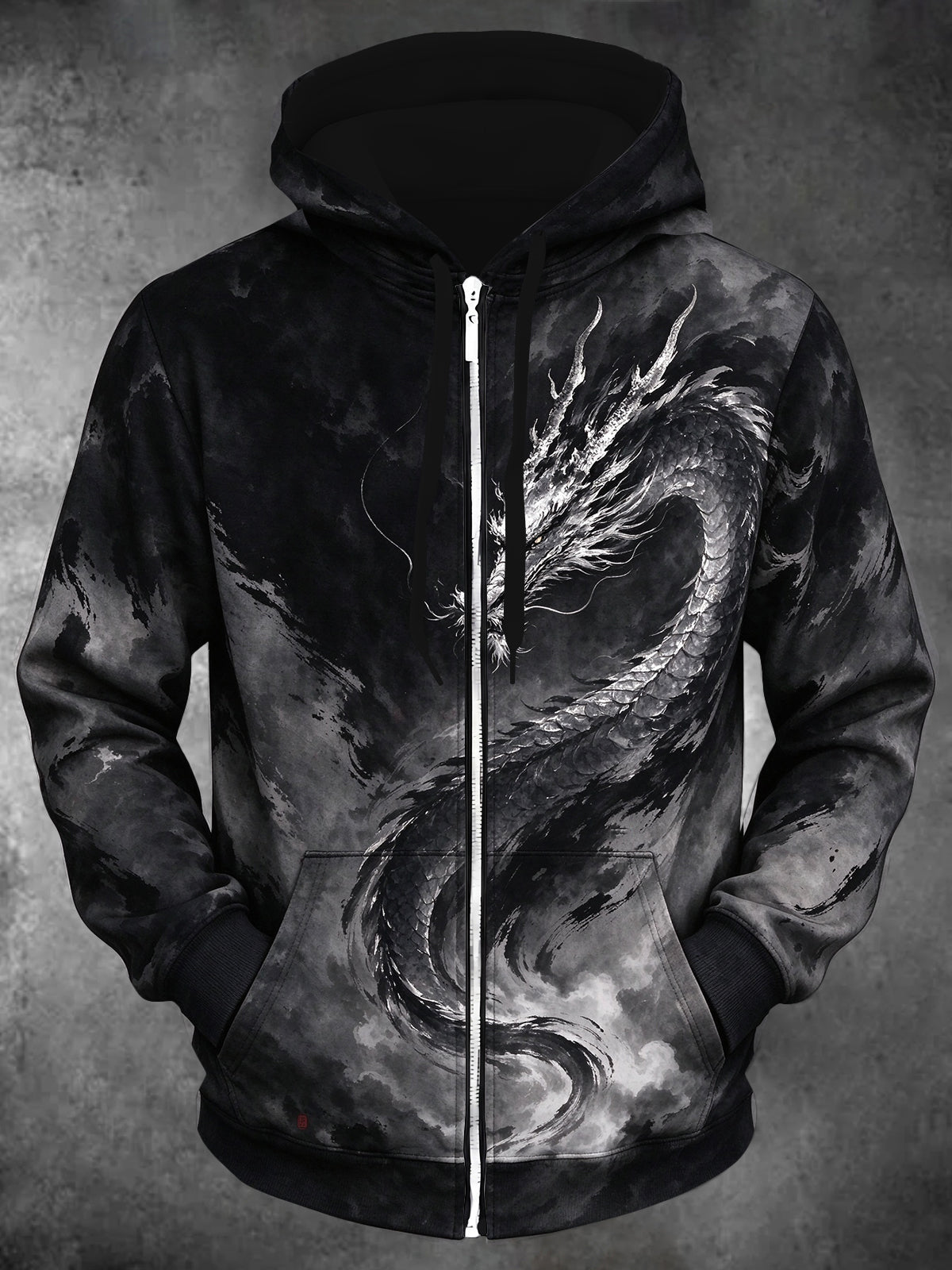 Adaychic Men's Graphic Asian Dragon Print Long Sleeve Zip-Up Hoodie with Kangaroo Pocket