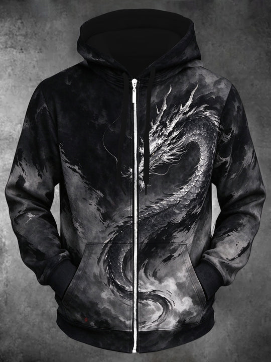Adaychic Men's Graphic Asian Dragon Print Long Sleeve Zip-Up Hoodie with Kangaroo Pocket
