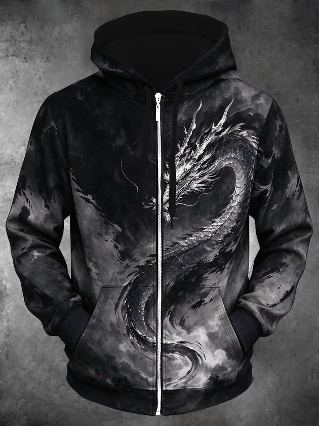 Adaychic Men's Graphic Asian Dragon Print Long Sleeve Zip-Up Hoodie with Kangaroo Pocket