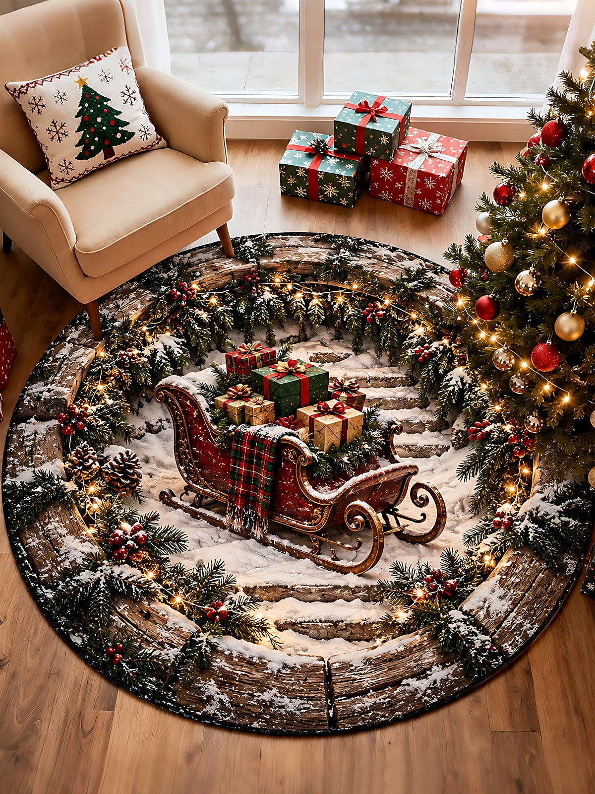 Adaychic Christmas sleigh Round Area Rug