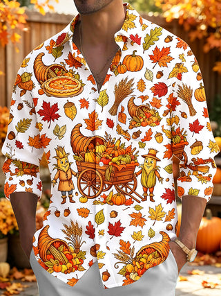 Adaychic Men's Long Sleeve Shirt - Thanksgiving Cornucopia And Harvest Cartoons Print with Chest Pocket