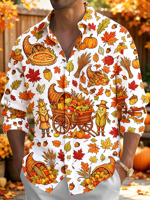 Adaychic Men's Long Sleeve Shirt - Thanksgiving Cornucopia And Harvest Cartoons Print with Chest Pocket