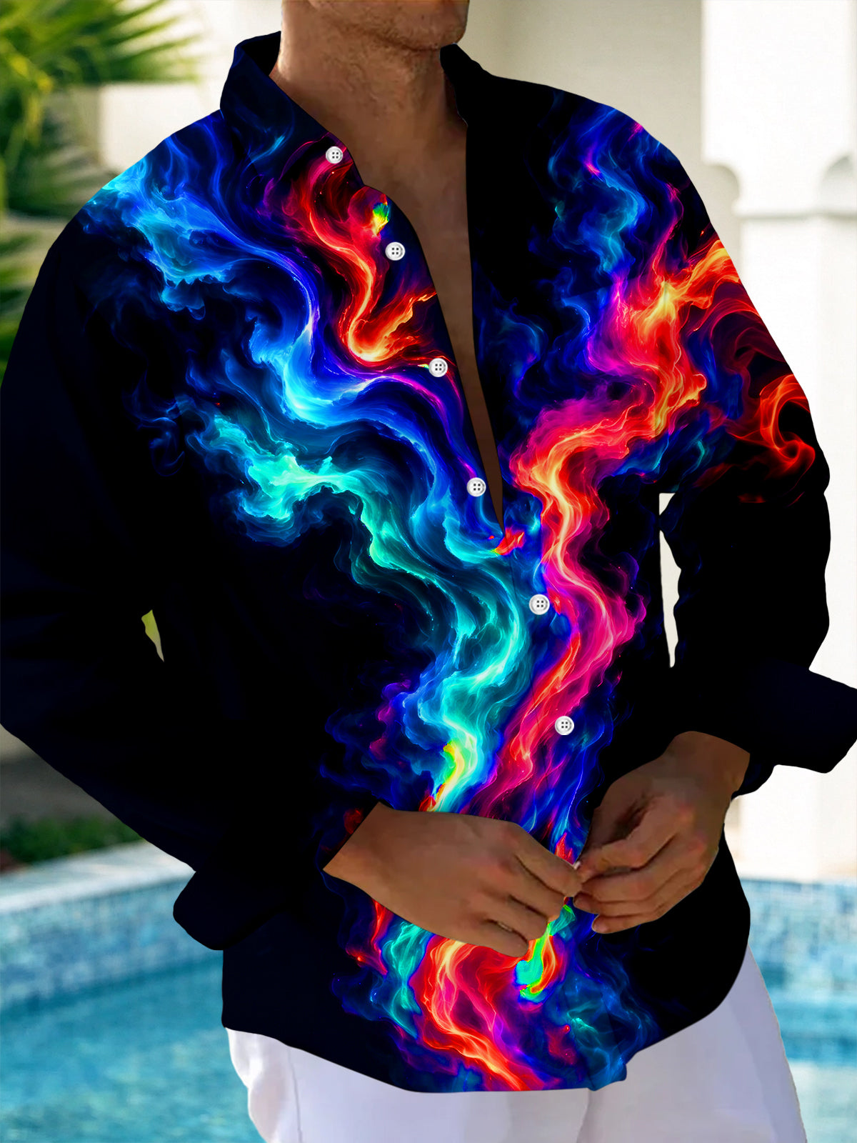 Adaychic Men's Abstract Abstract Color Smoke Print Long Sleeve Shirt with Chest Pocket