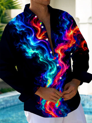 Adaychic Men's Abstract Abstract Color Smoke Print Long Sleeve Shirt with Chest Pocket
