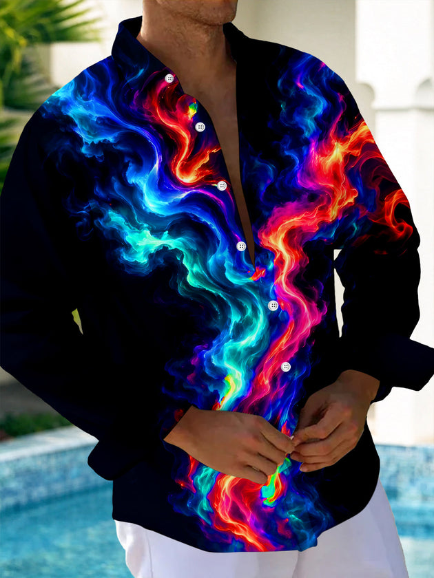 Adaychic Men's Abstract Abstract Color Smoke Print Long Sleeve Shirt with Chest Pocket