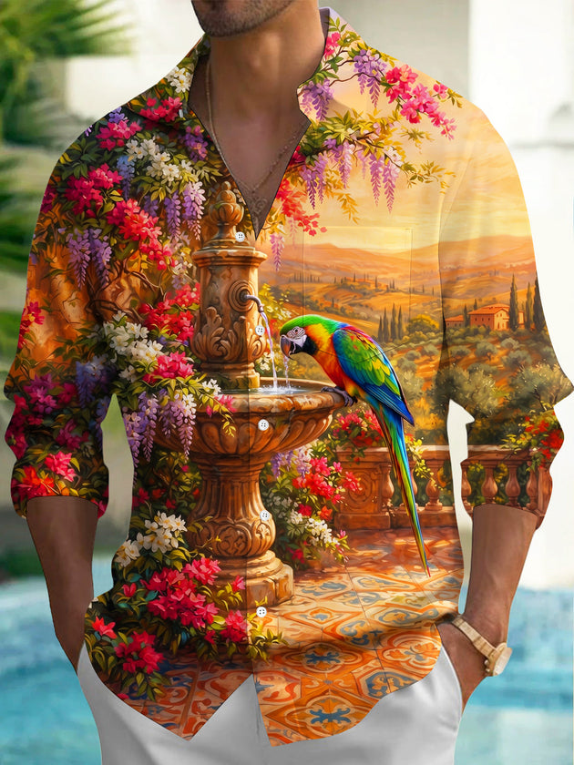 Adaychic Men's Colorful Parrot And Garden Fountain Print Long Sleeve Shirt with Chest Pocket