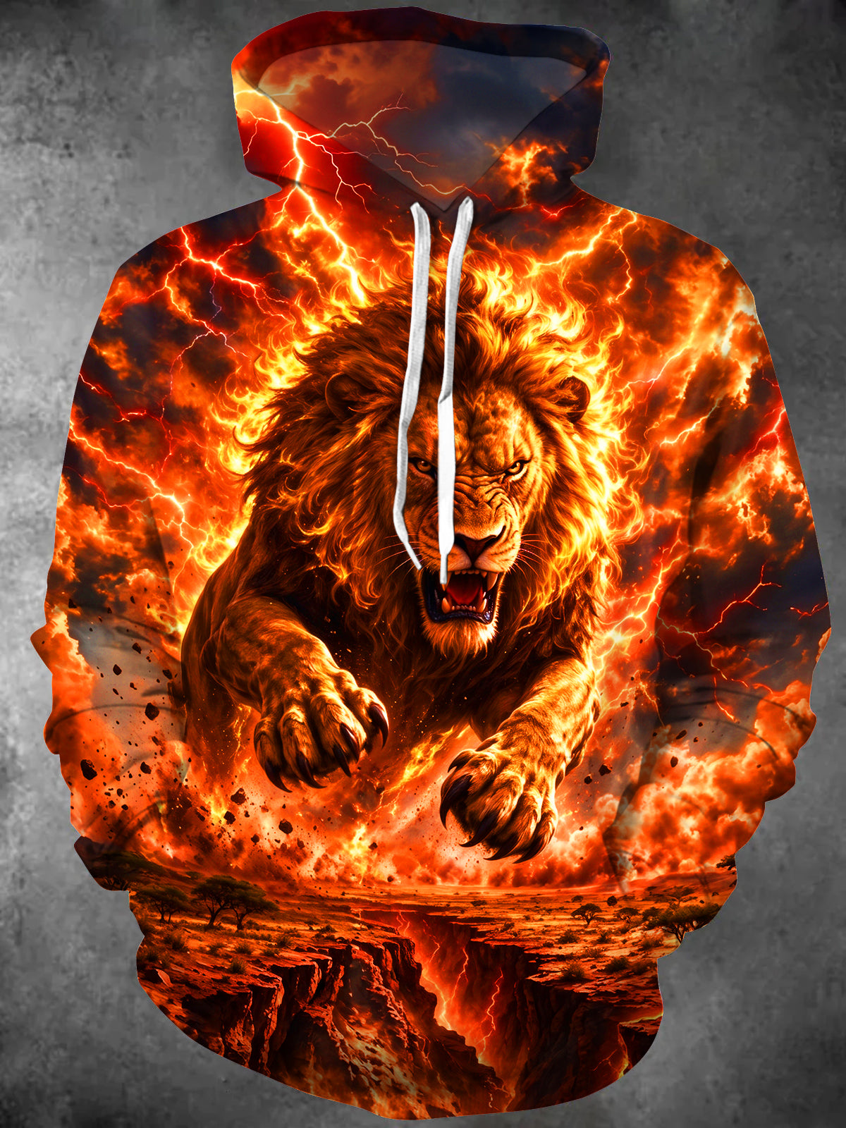 Adaychic Men's Flaming Lion With Lightning Print Long Sleeve Pullover Hoodie with Kangaroo Pocket