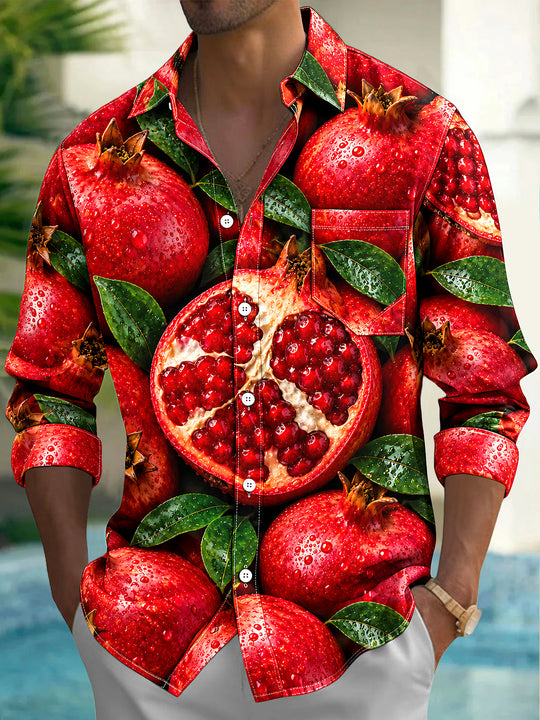 Adaychic Men's Printed Pomegranate Fruit And Leaves Print Long Sleeve Shirt with Chest Pocket