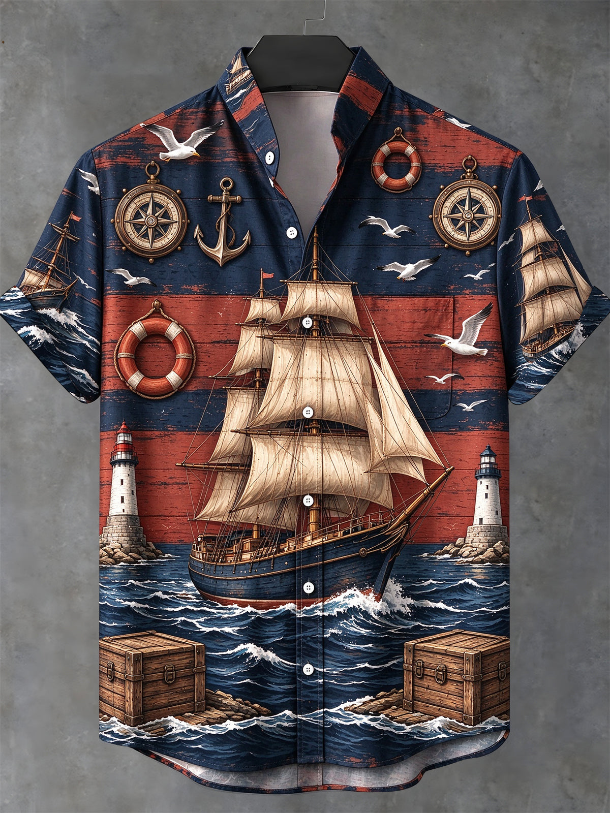 Adaychic Men's Short Sleeve Stand Collar Shirt - Vintage Sailing Ship And Nautical Elements Print with Chest Pocket