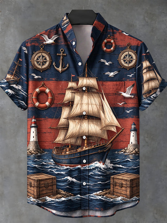 Adaychic Men's Short Sleeve Stand Collar Shirt - Vintage Sailing Ship And Nautical Elements Print with Chest Pocket
