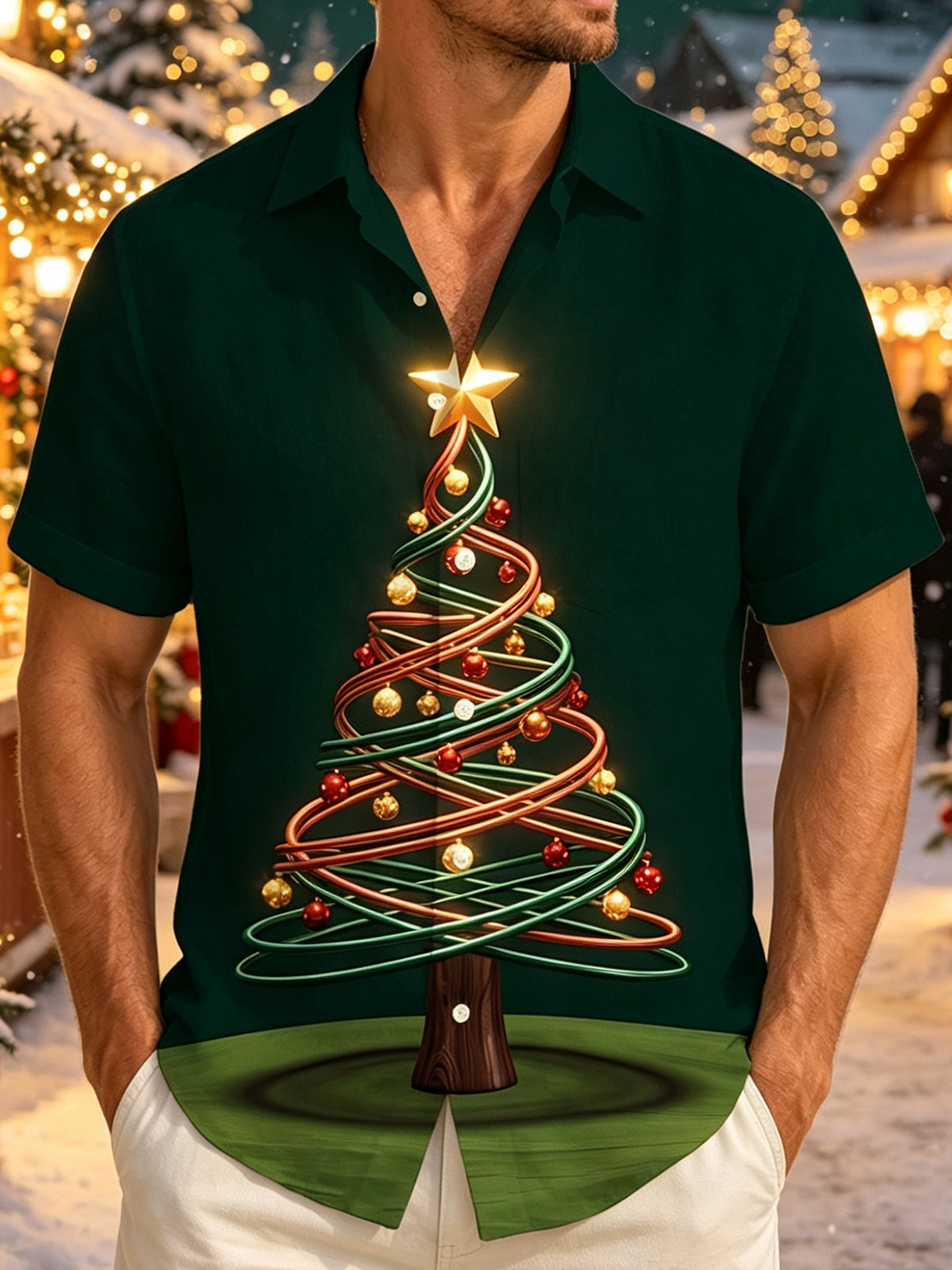 Adaychic Men's Christmas Tree With Ornaments And Star Print Short Sleeve Shirt with Chest Pocket