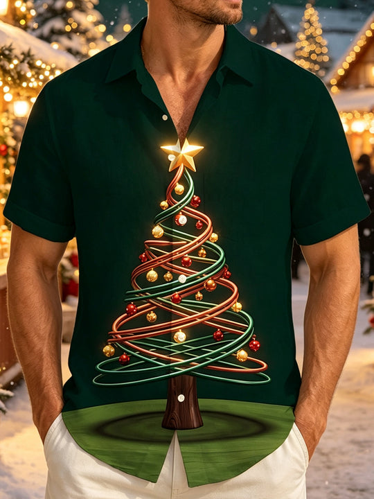Adaychic Men's Christmas Tree With Ornaments And Star Print Short Sleeve Shirt with Chest Pocket