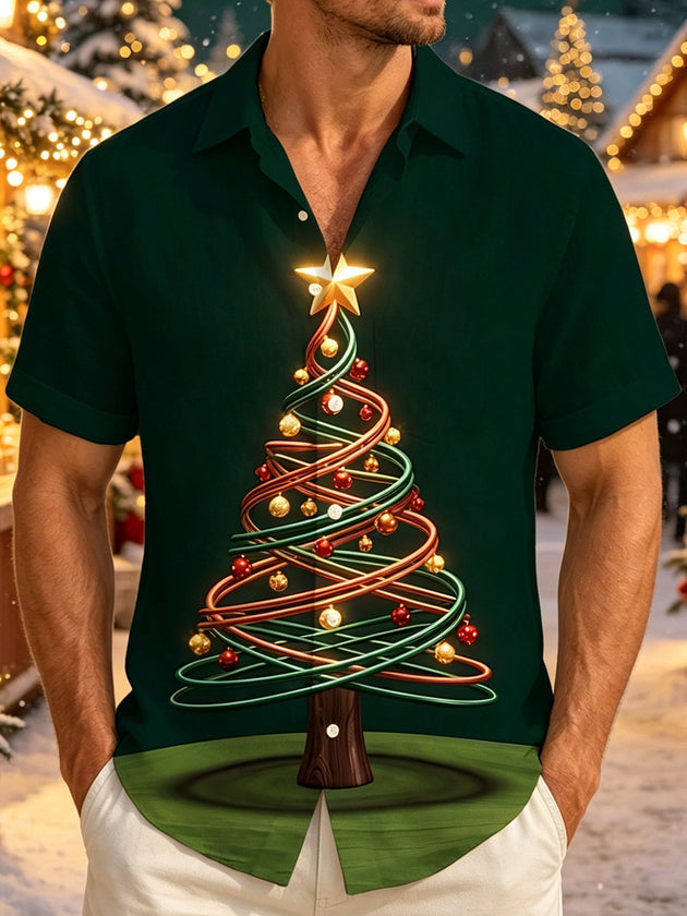 Adaychic Men's Christmas Tree With Ornaments And Star Print Short Sleeve Shirt with Chest Pocket