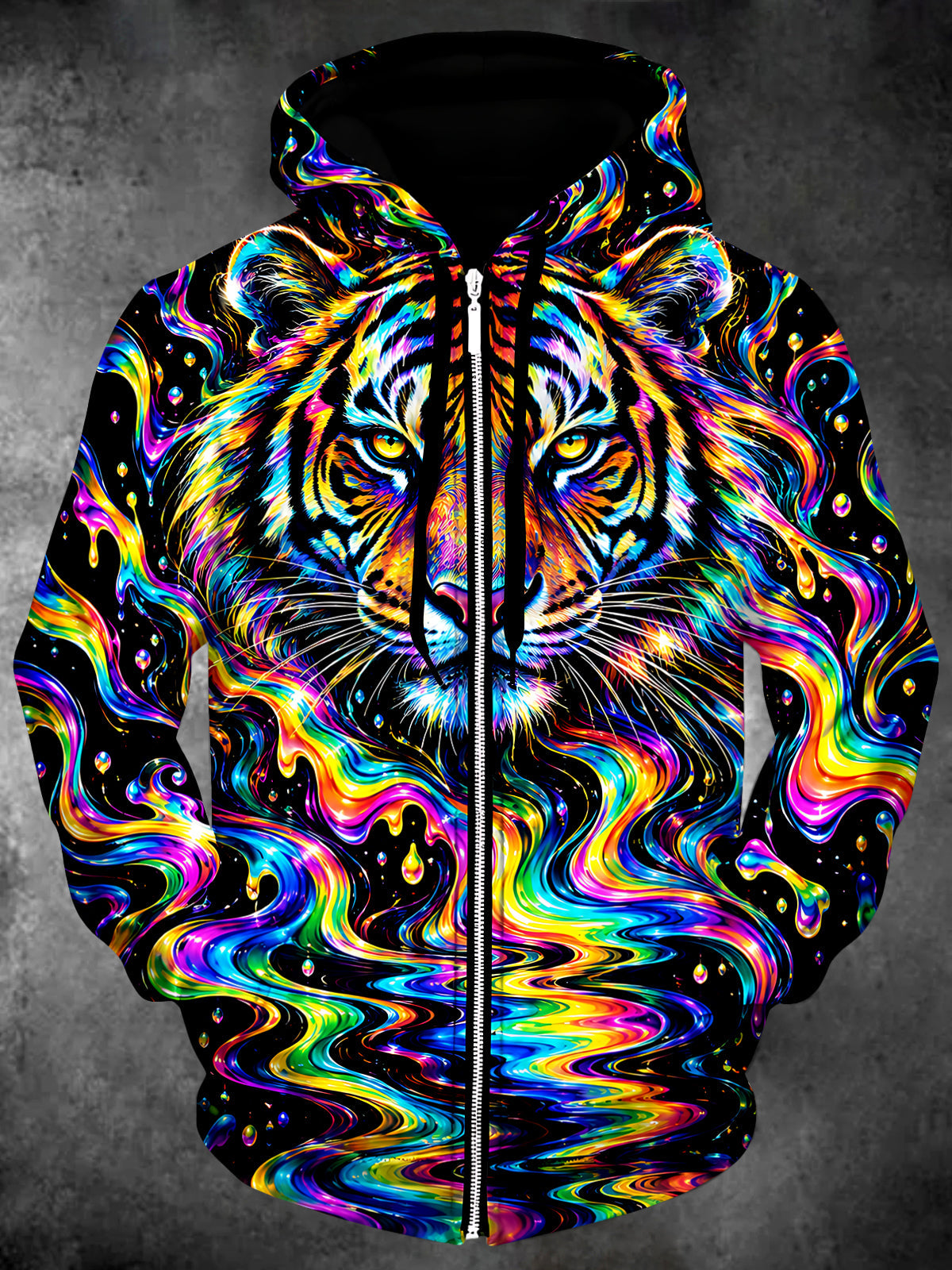 Adaychic Men's Long Sleeve Zip-Up Hoodie - Neon Tiger Face With Psychedelic Swirls Print with Kangaroo Pocket