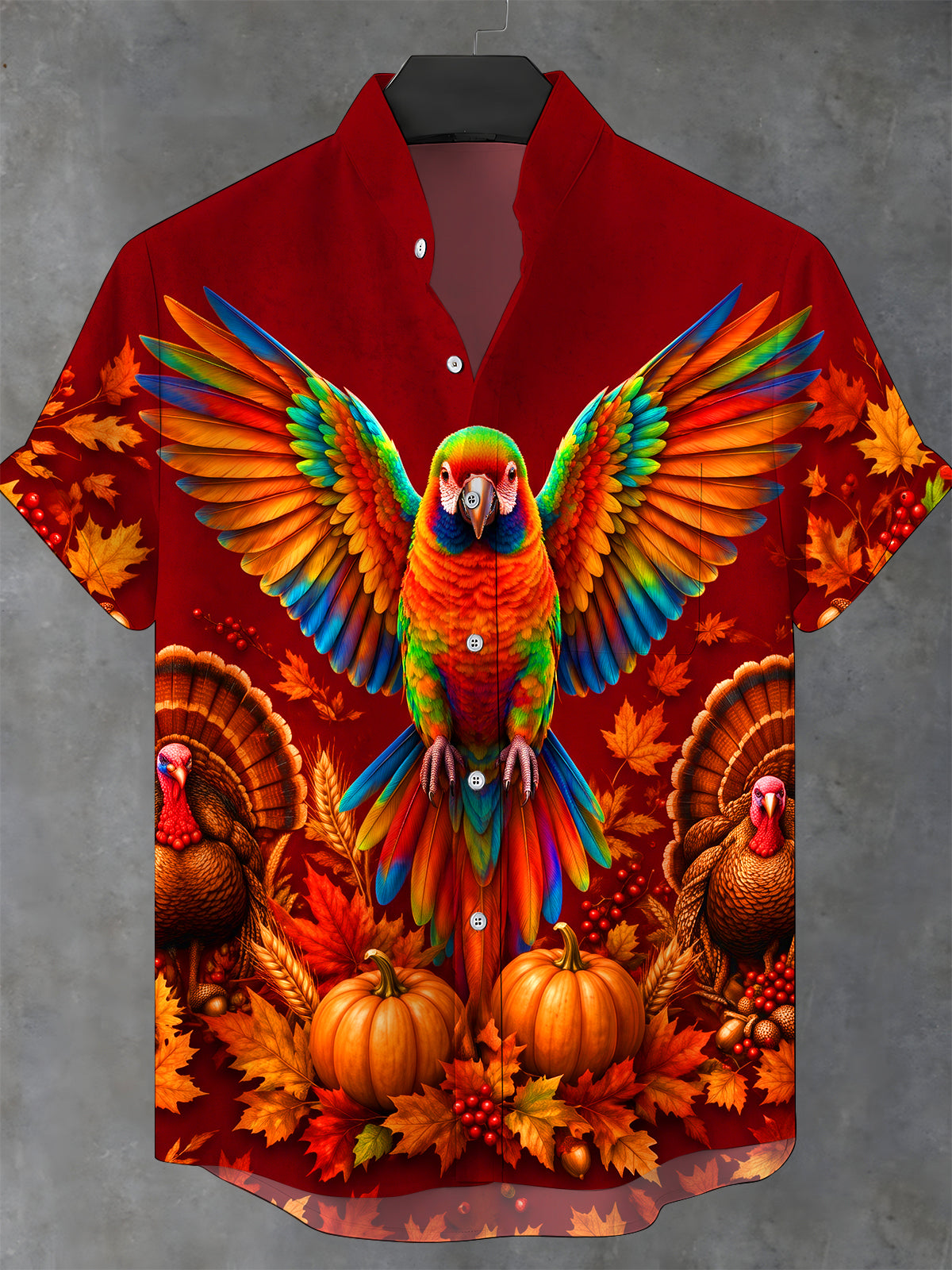 Adaychic Men's Short Sleeve Stand Collar Shirt - Thanksgiving Colorful Parrot And Turkeys With Autumn Leaves Print with Chest Pocket