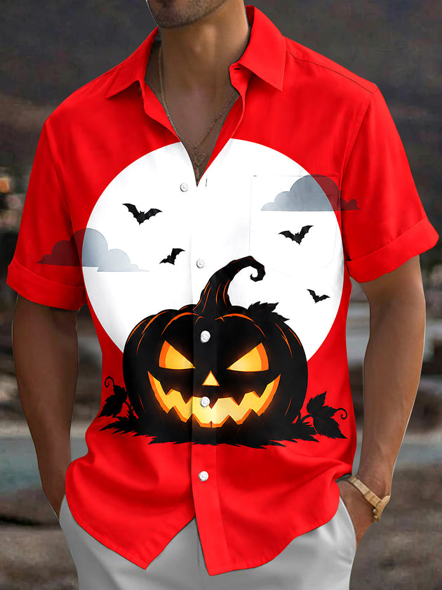 Adaychic Men's Halloween Jack-o-lantern And Bats Print Short Sleeve Shirt with Chest Pocket