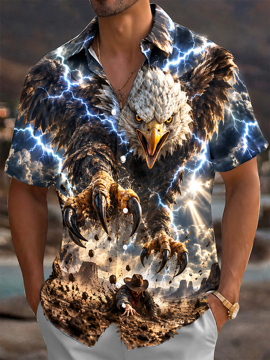 Adaychic Men's Short Sleeve Shirt - Eagle With Lightning And Desert Landscape Print with Chest Pocket