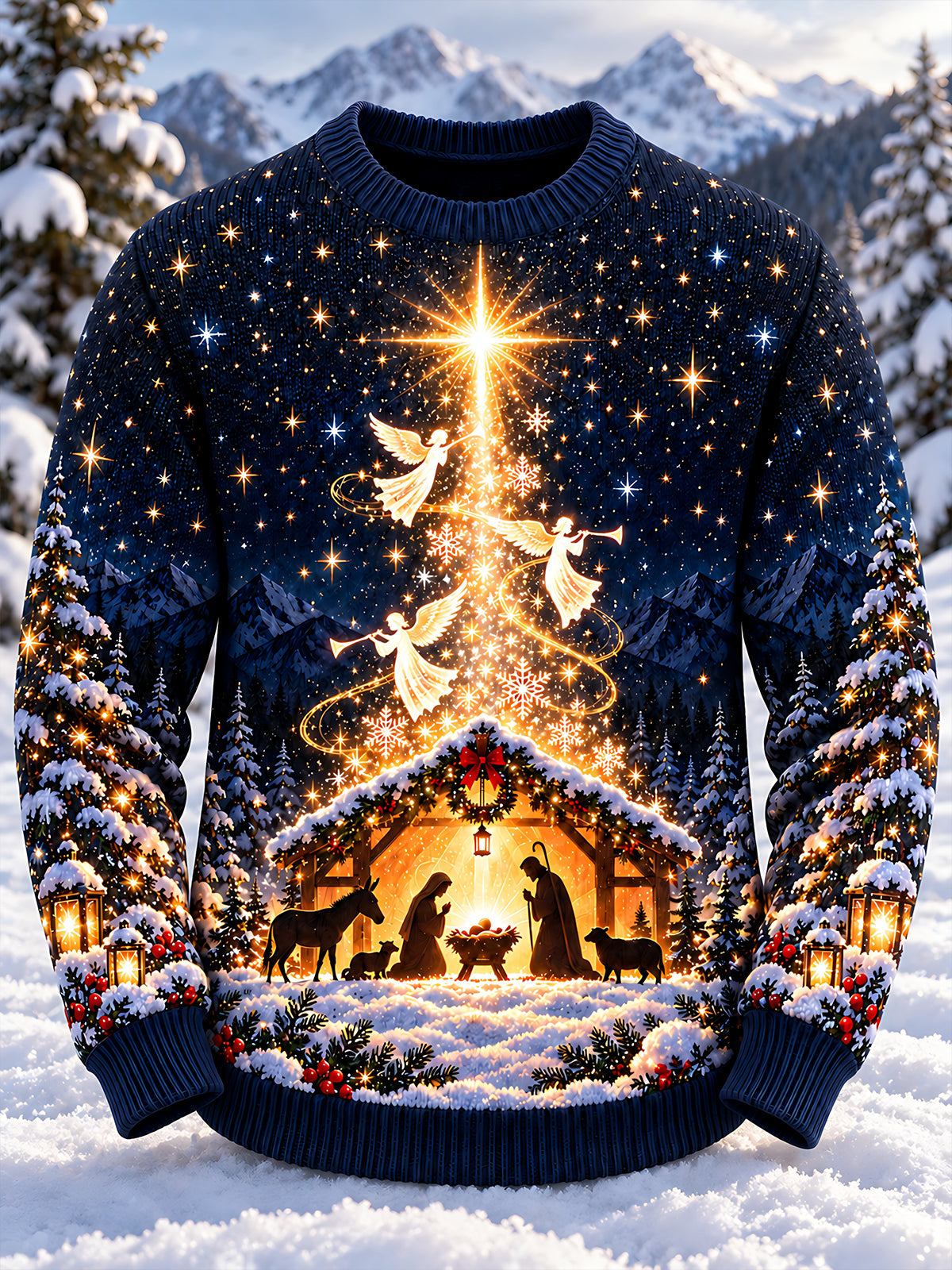 Adaychic Men's Long Sleeve Crew Neck Sweater - Nativity Scene With Angels And Star Print